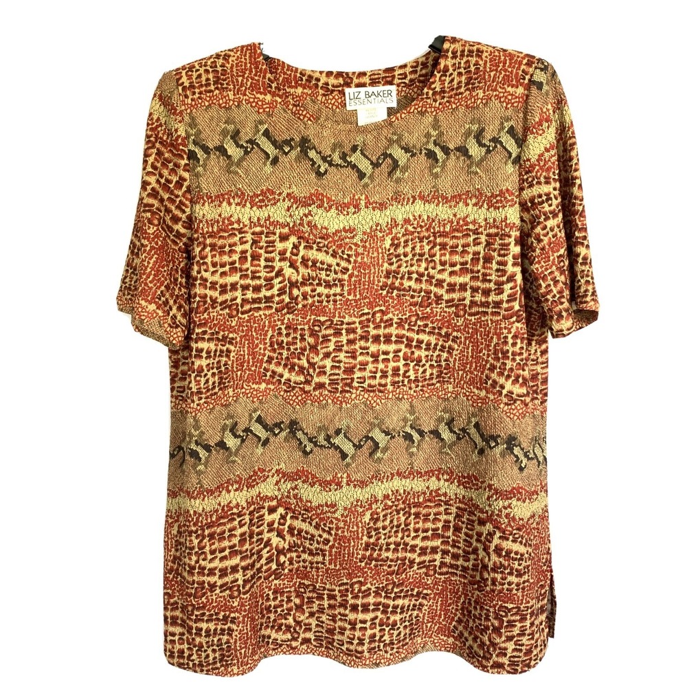 Liz Baker Essentials Knit Top Womens PL Rust Brown Animal Print Short Sleeves